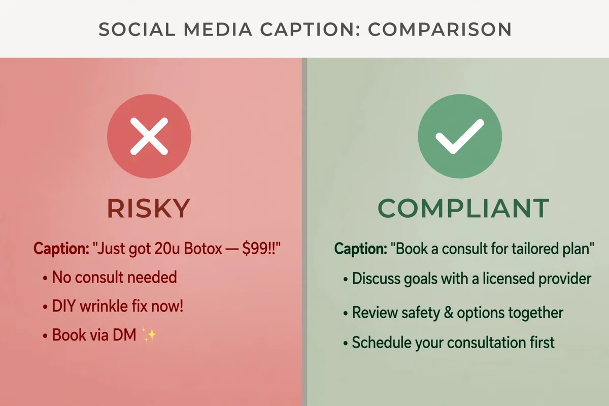 Risky vs ASA-compliant social media caption for an aesthetics clinic