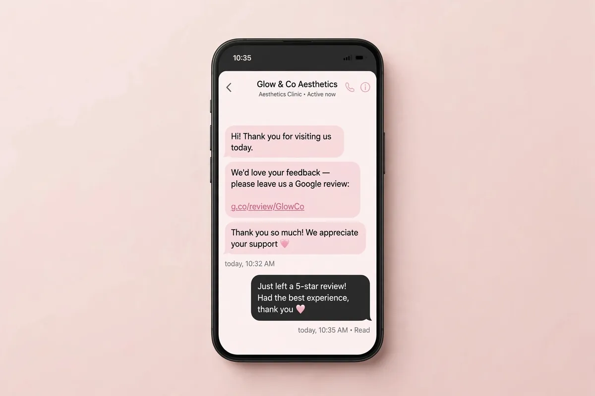 Review request text message for aesthetics clinic clients