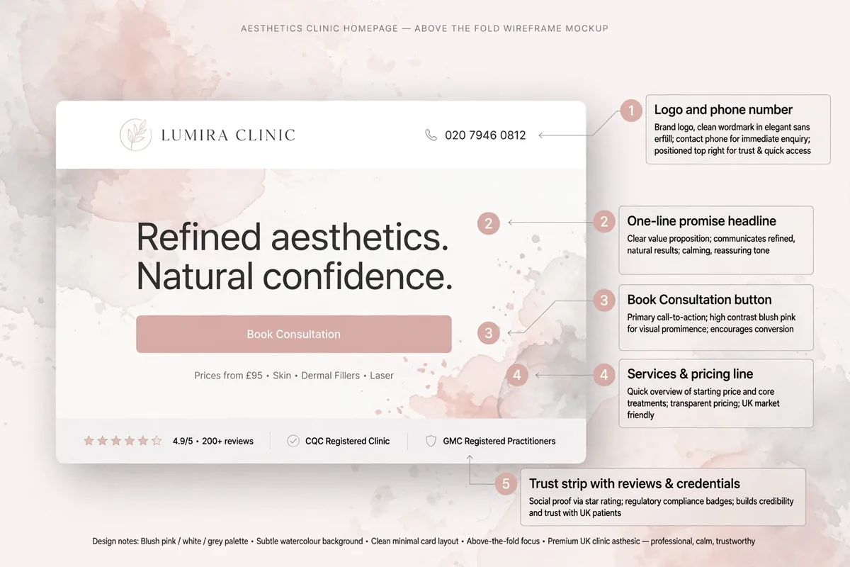 Annotated wireframe of an aesthetics clinic homepage above the fold