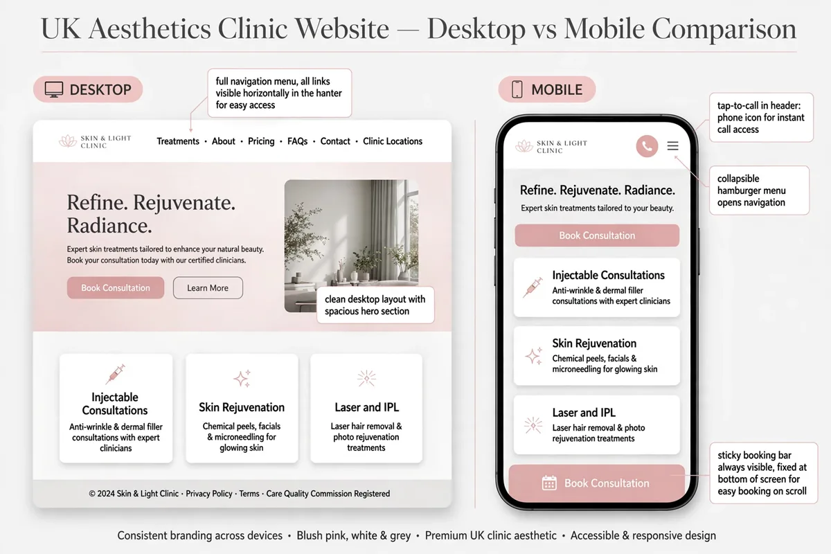 Desktop and mobile comparison of an aesthetics clinic website