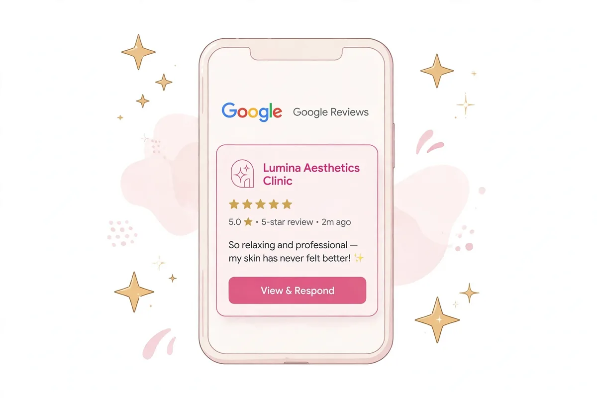 Mockup of a five-star Google review notification for an aesthetics clinic