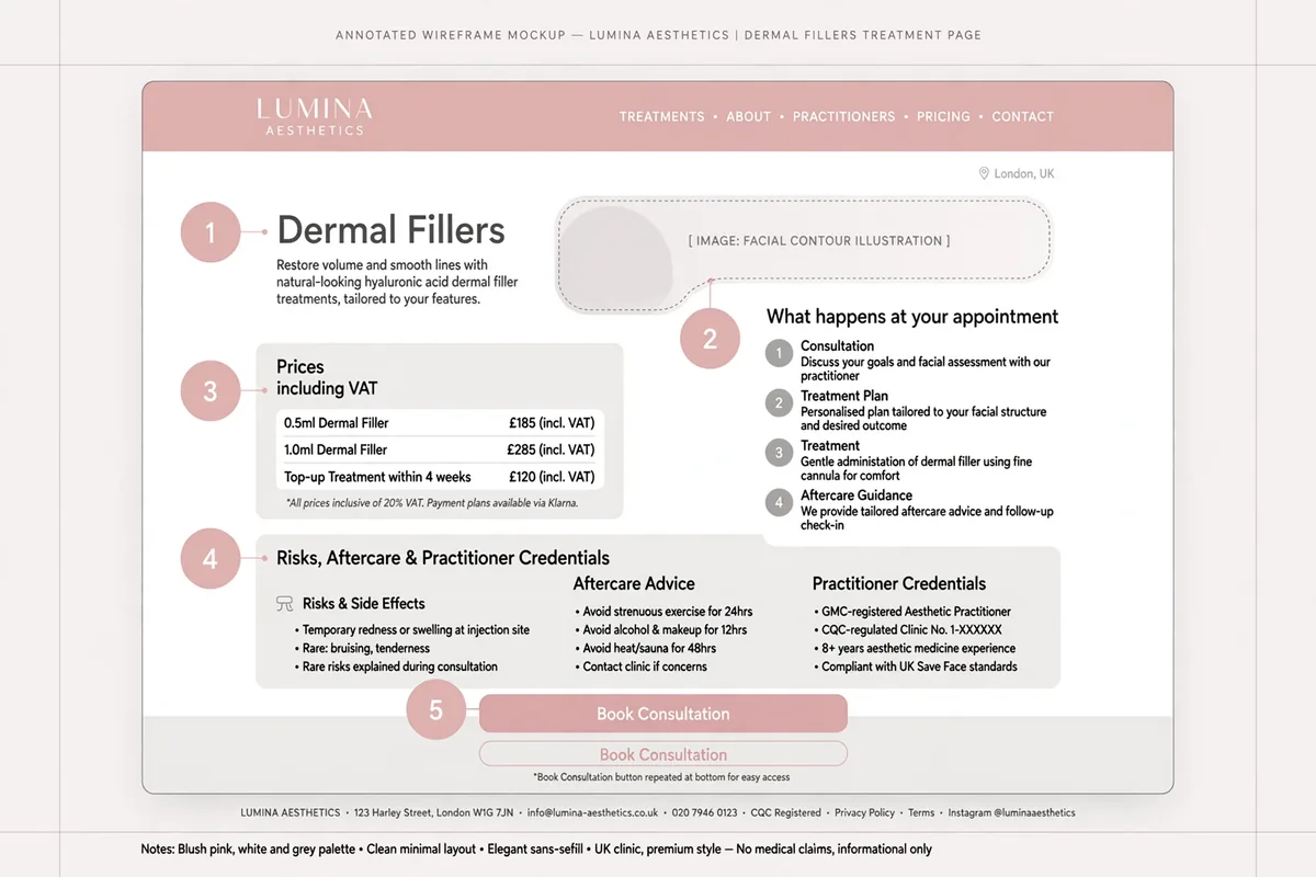 Annotated wireframe of a dermal fillers treatment page with VAT-inclusive prices