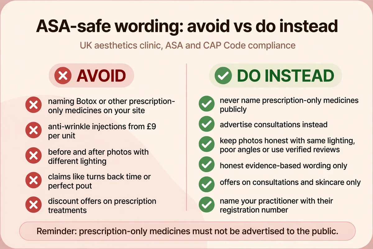 ASA-safe wording checklist for aesthetics clinic websites