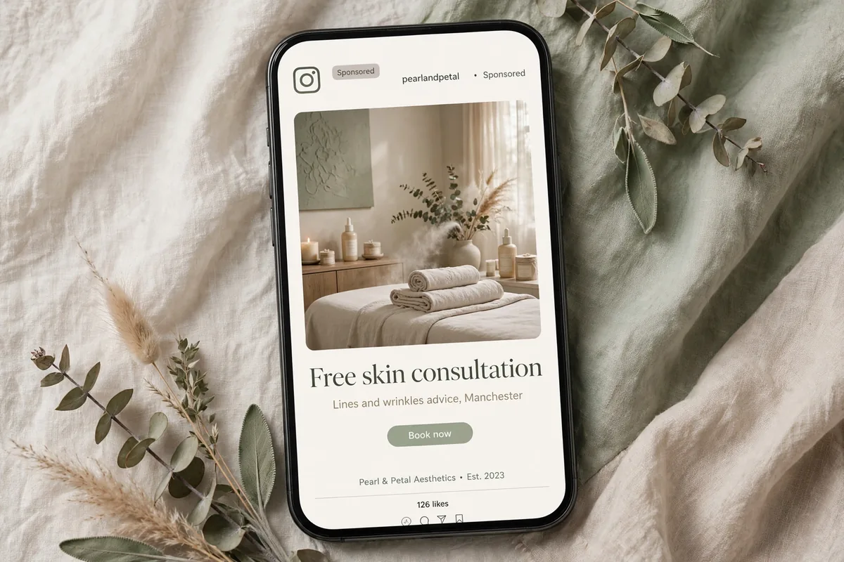 Mockup of an ASA-safe Instagram ad for a fictional aesthetics clinic offering a free skin consultation