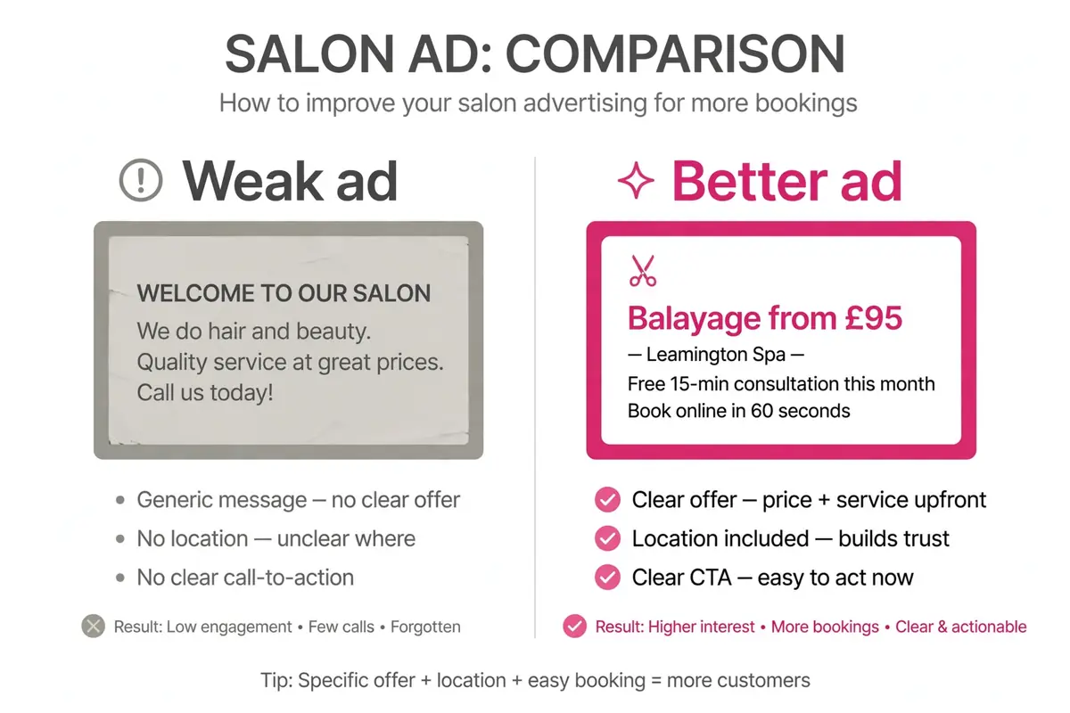 Before and after comparison showing what makes a local salon ad work