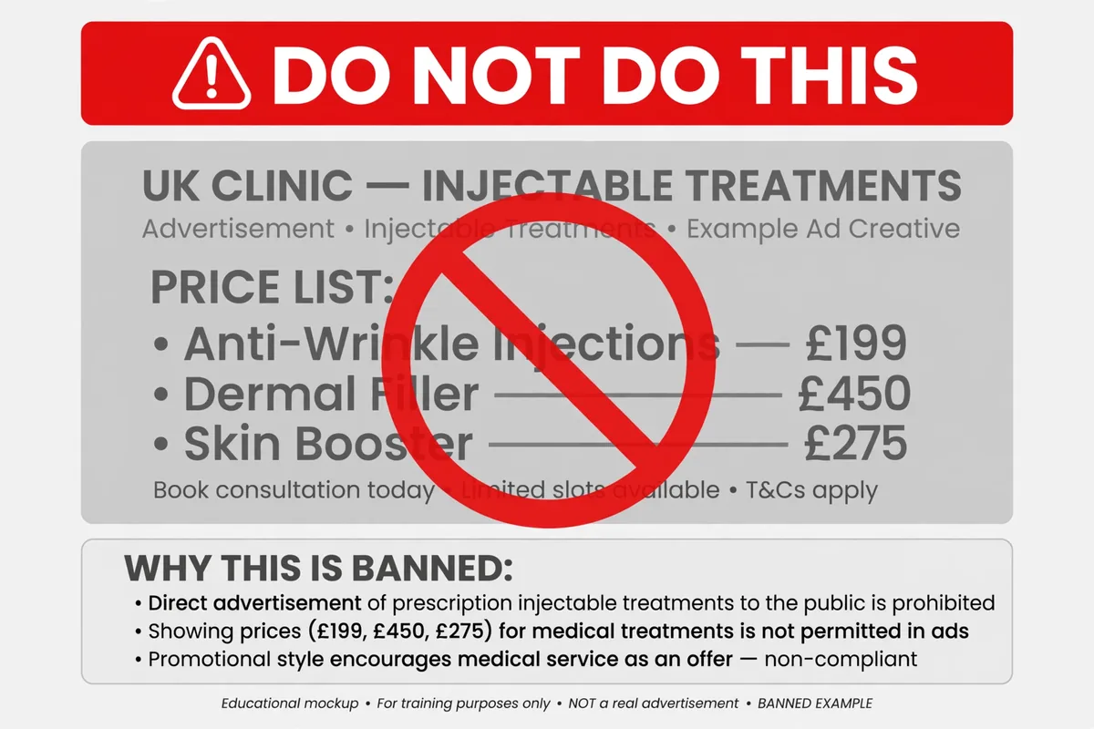 Educational mockup showing a banned-style aesthetics ad with a price list for injectable treatments, marked do not do this
