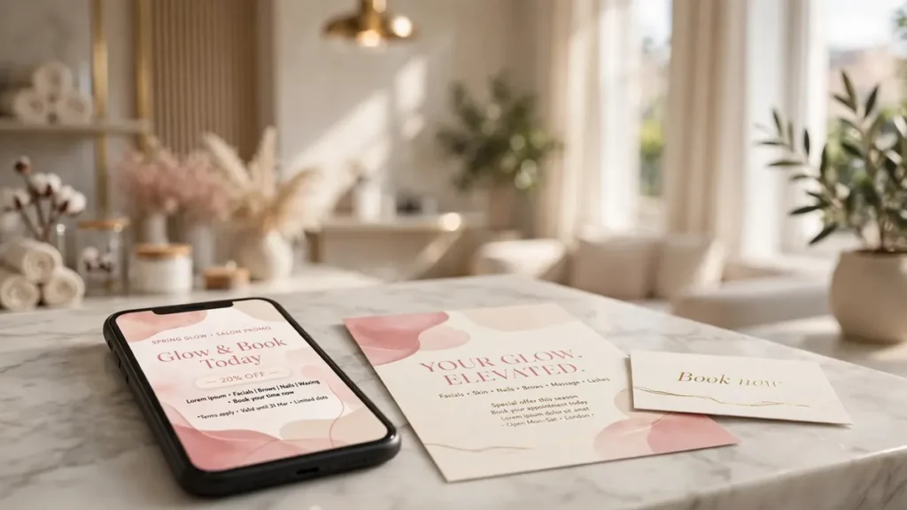 Beauty salon advertising examples for UK salons, phone ad, flyer and booking card on a salon counter