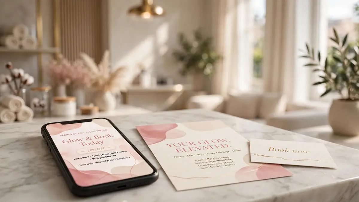 Beauty salon advertising examples for UK salons, phone ad, flyer and booking card on a salon counter