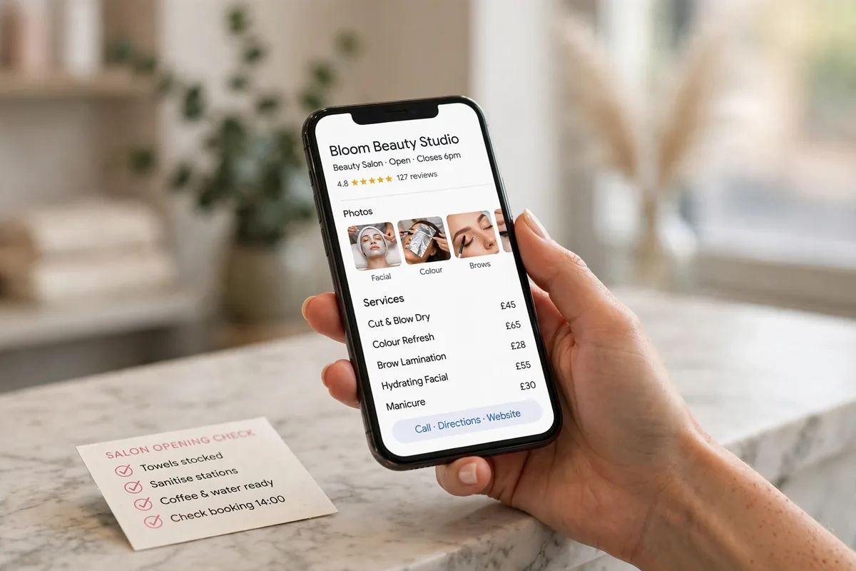 Google Business Profile for a beauty salon showing photos, reviews and service prices in pounds