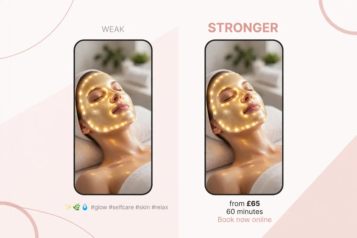 Before and after Instagram caption for a beauty salon, weak caption vs stronger caption with price and booking instruction