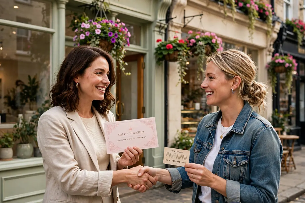 Beauty salon owner and café owner exchanging vouchers on a UK high street