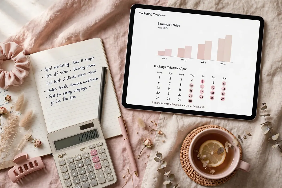 Salon owner reviewing marketing numbers and bookings on a tablet