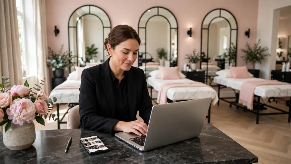 Beauty salon marketing guide for UK salons, owner planning marketing at a premium salon reception