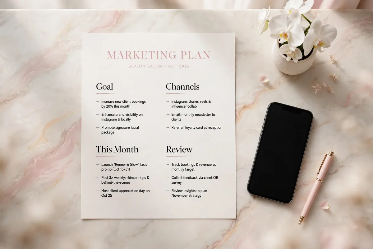 One-page beauty salon marketing plan template on a salon desk