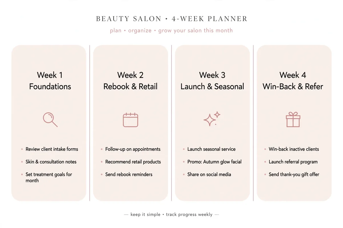 Four-week beauty salon marketing plan calendar, foundations, rebook and retail, launch and seasonal, win-back and refer