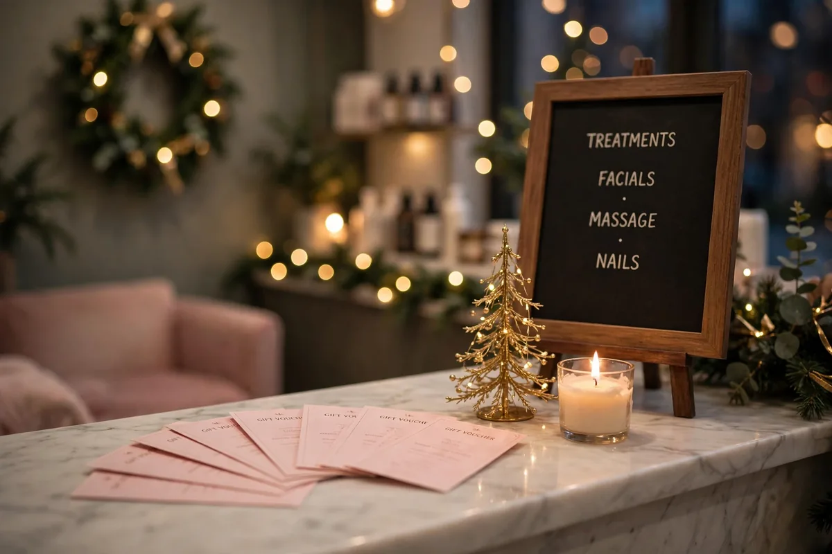 Beauty salon reception decorated for Christmas with gift vouchers on the counter