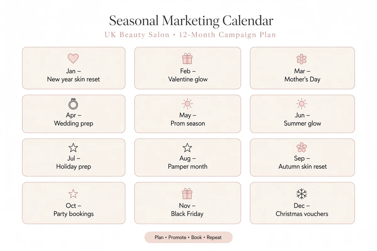 Twelve-month UK beauty salon seasonal marketing calendar
