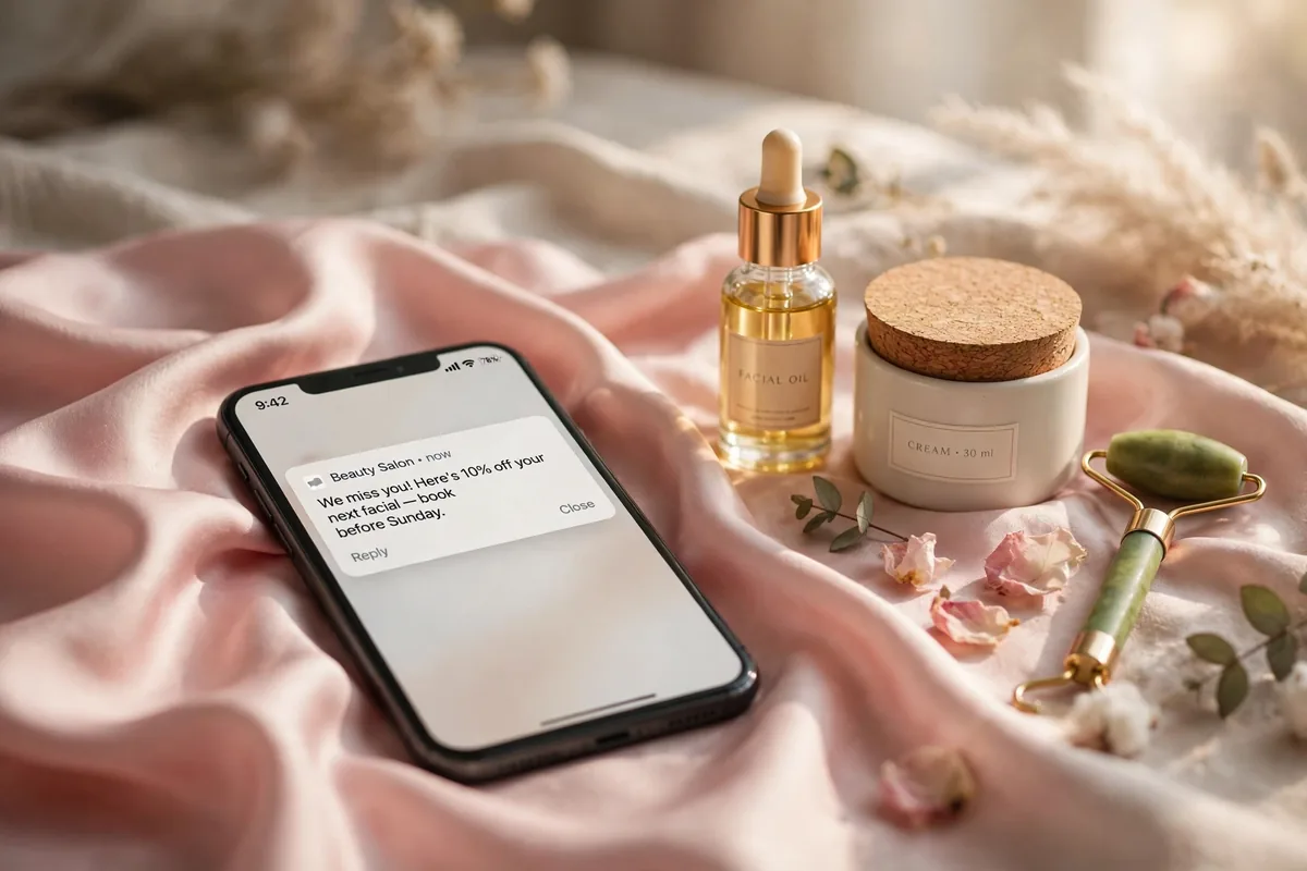Win-back SMS marketing example on a phone for a beauty salon