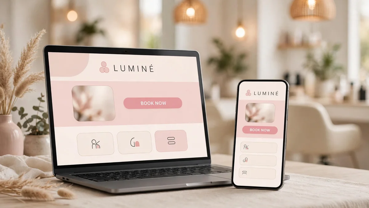 Beauty salon web design mockup on laptop and phone with a prominent Book Now button