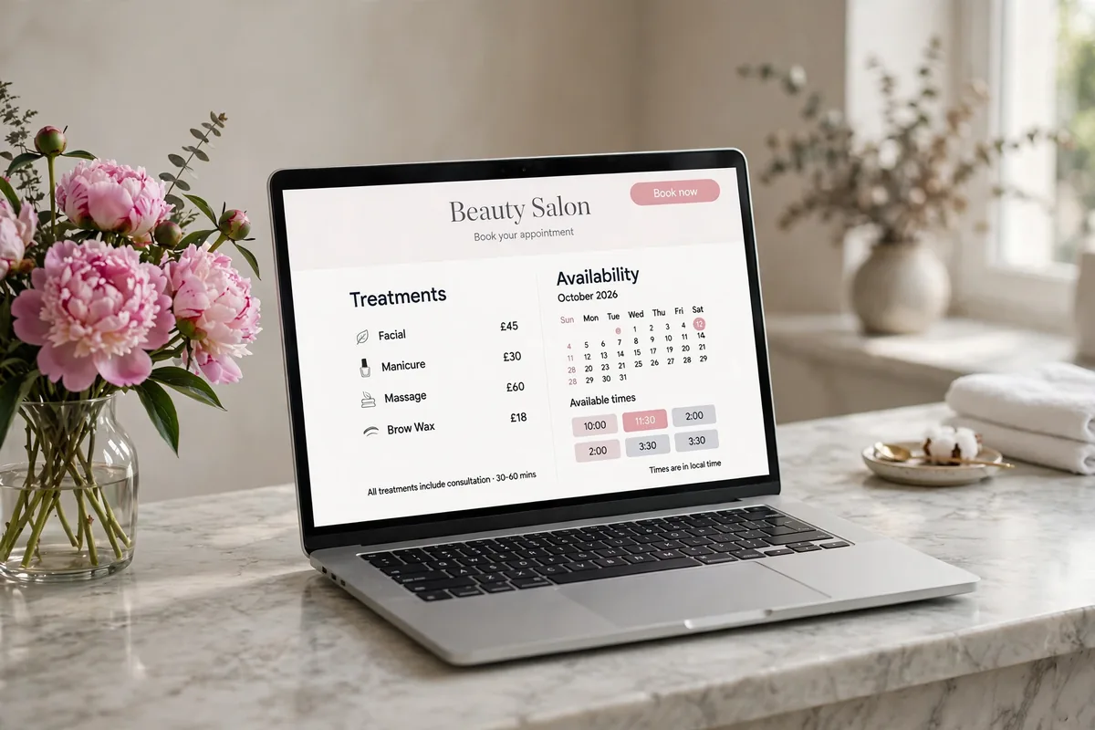 Beauty salon website with treatments, prices and an online booking calendar
