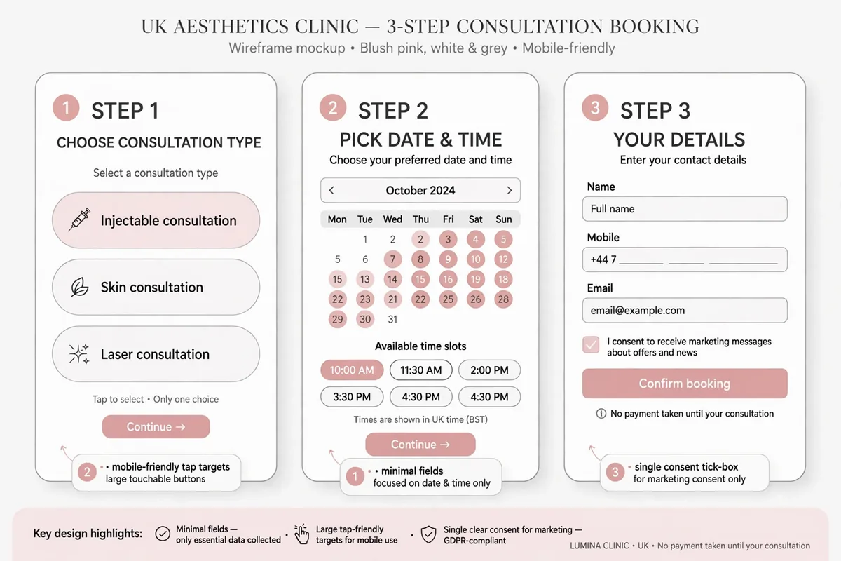 Wireframe of a 3-step consultation booking form for an aesthetics clinic