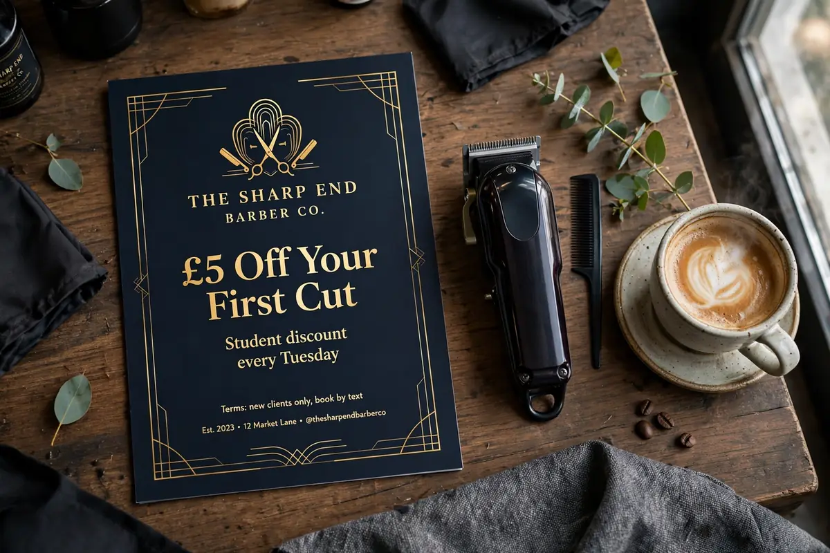 Mock A5 leaflet design for a fictional barbershop