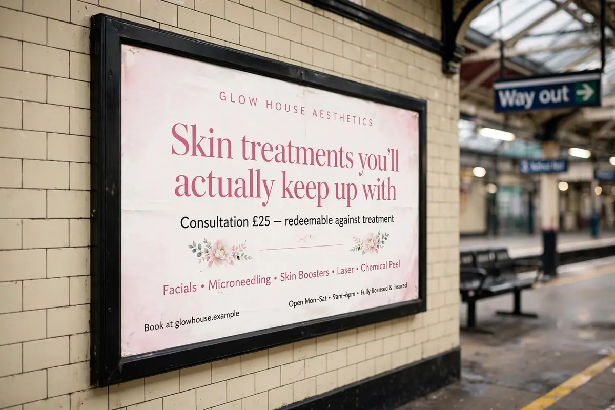 Mock train station poster advert for a fictional beauty clinic