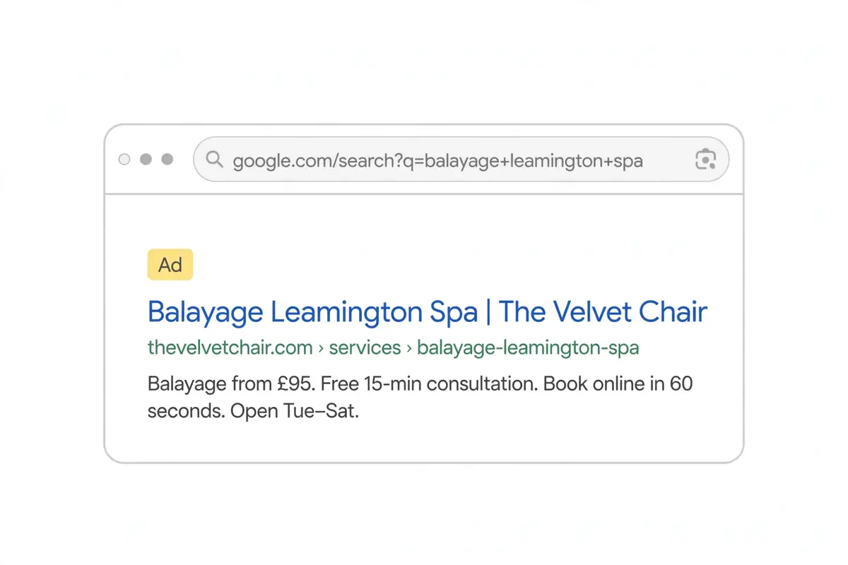 Mock Google search ad example for a fictional Leamington Spa salon