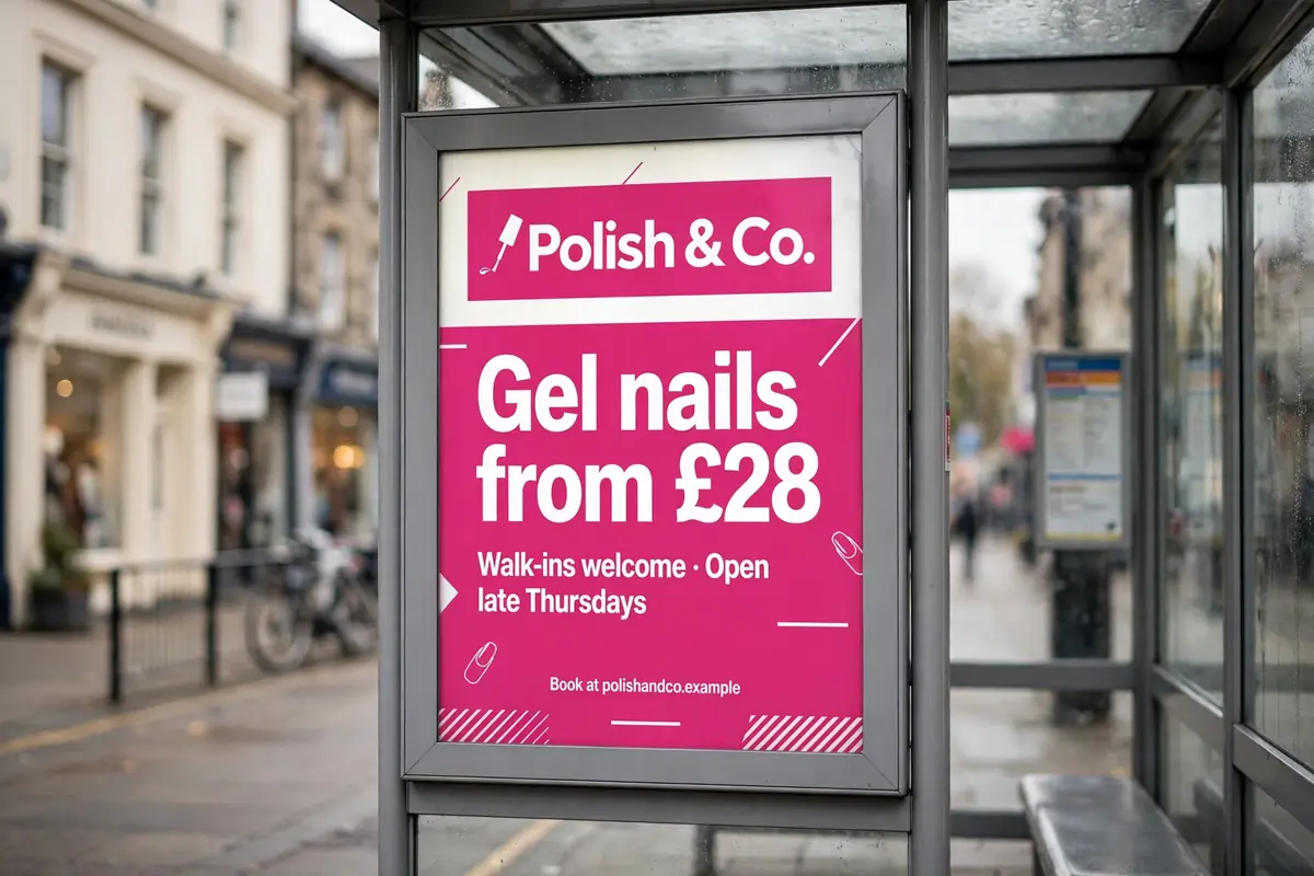 Mock bus shelter poster for a fictional nail studio
