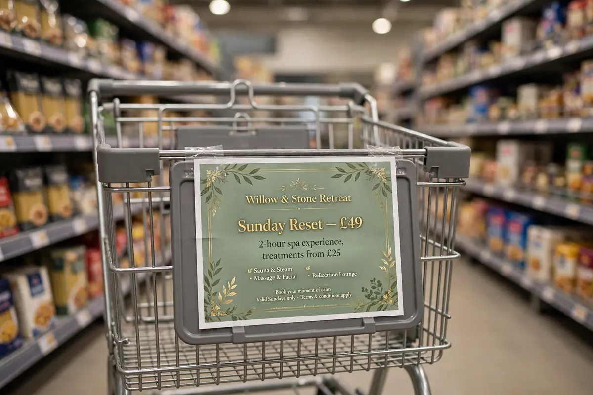 Mock supermarket trolley advert for a fictional day spa