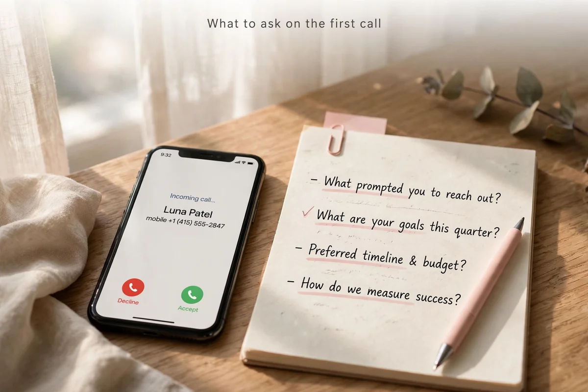 Phone on a desk next to a notepad: what to ask a marketing agency on the first call