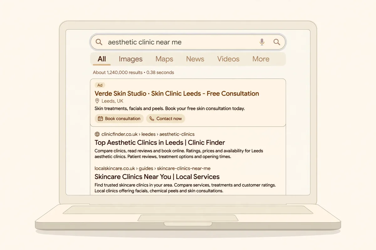 Mockup of a Google search results page showing a fictional aesthetics clinic ad for ready-to-book local searches
