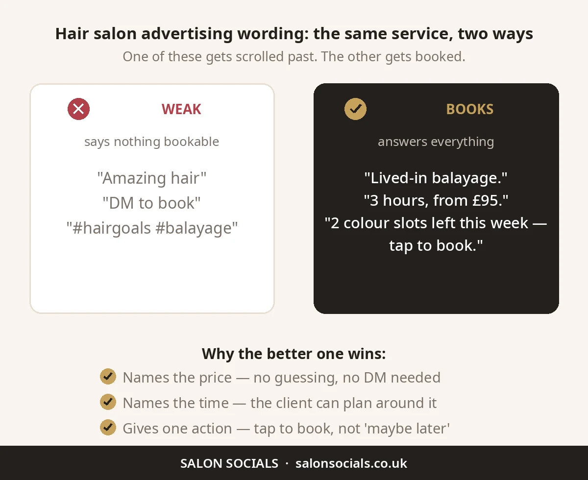 Before and after, advertising creative for hair salon ads: weak wording versus wording that books