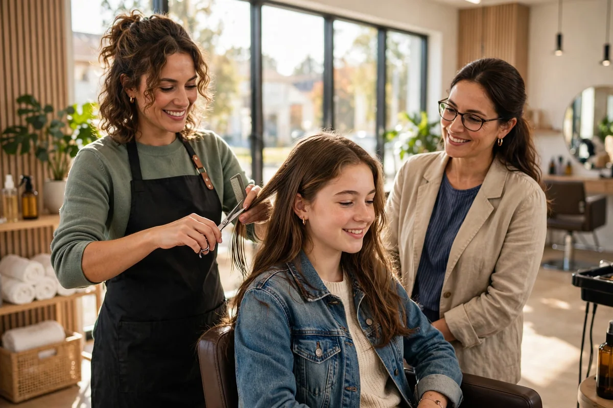 Stylist giving a teenager a back-to-school haircut while her mum watches