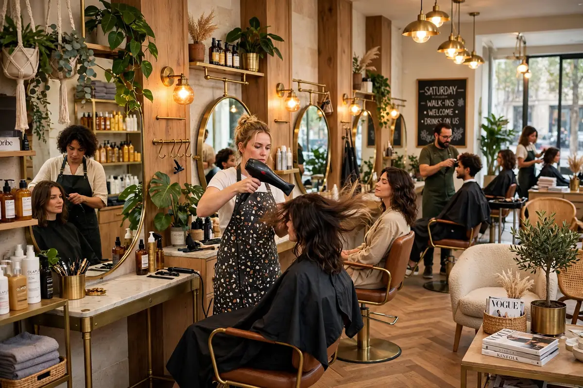 A busy, fully booked hair salon on a Saturday