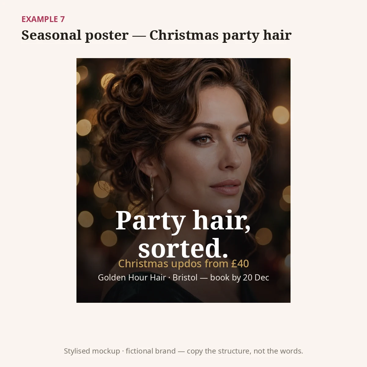 Stylised seasonal poster mockup, a hair salon advertising example for Christmas party hair