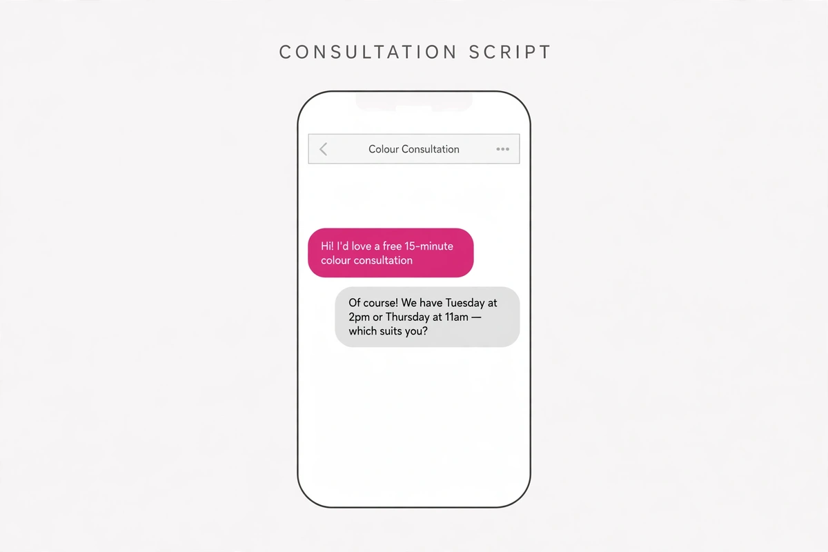 A phone showing the consultation booking script: offer two specific slots, not an open question
