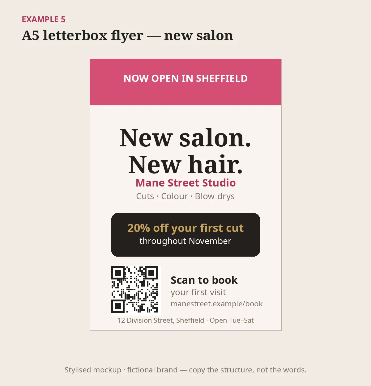 Stylised A5 flyer mockup, a hair salon advertising example for a fictional Sheffield salon