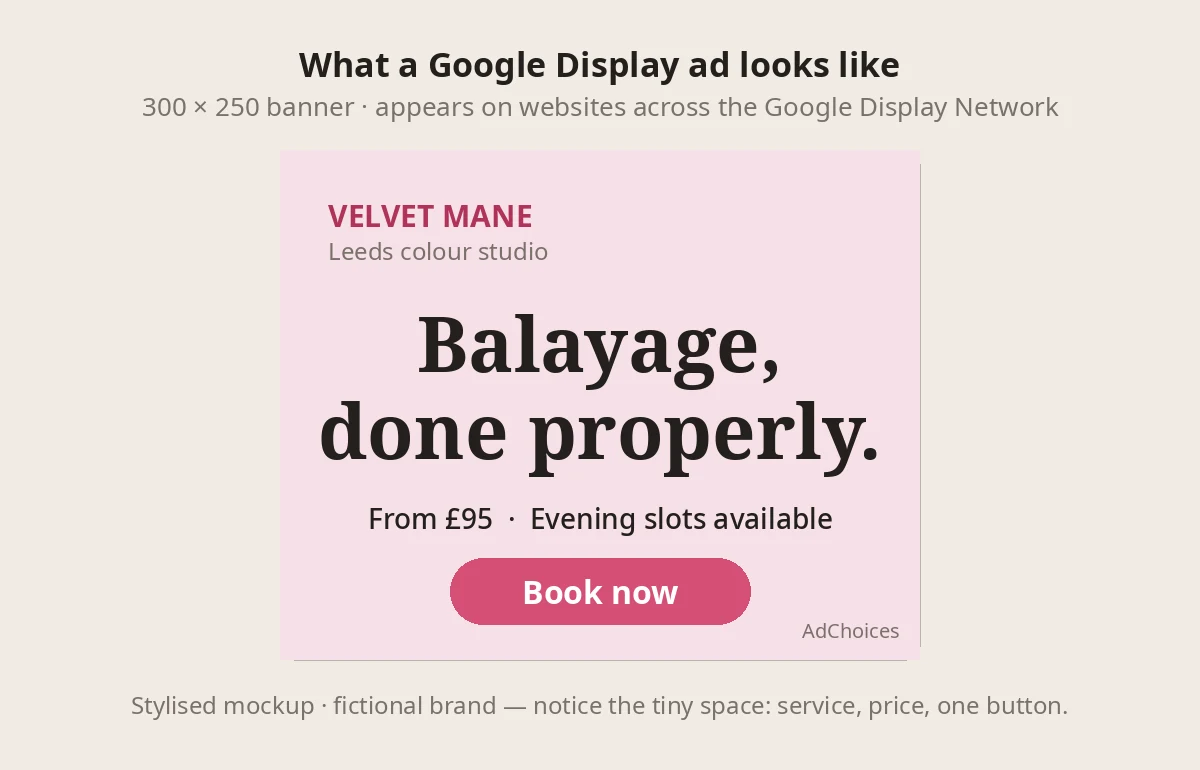 Stylised Google Display banner mockup, a hair salon advertising example for a fictional Leeds colour salon
