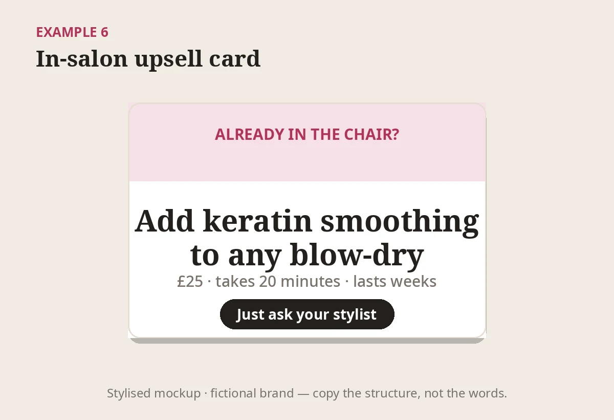 Stylised in-salon card mockup, a hair salon advertising example for a keratin add-on
