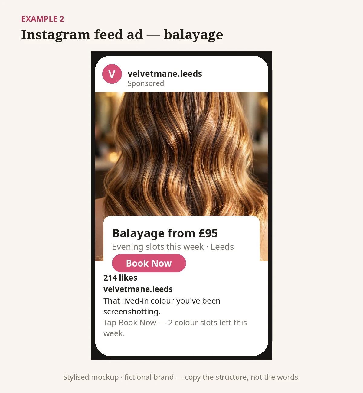 Stylised Instagram feed ad mockup, a hair salon advertising example for a fictional balayage studio