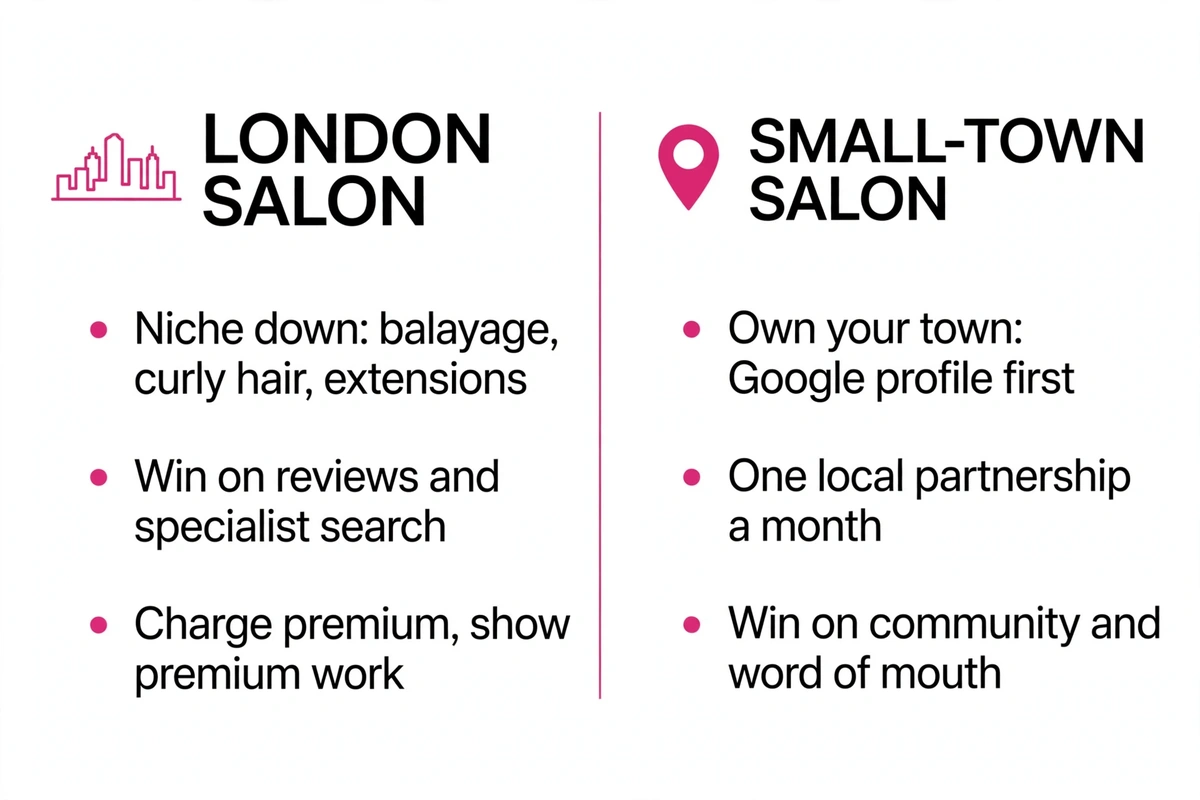 Hair salon marketing in London vs a small town, what changes