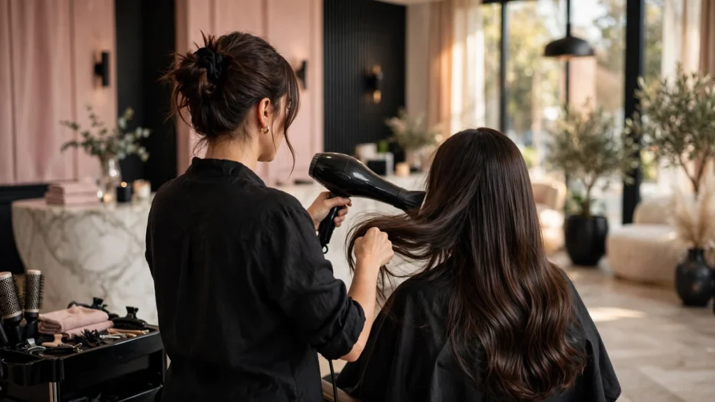 Stylist blow-drying a client's hair in a premium pink and black hair salon