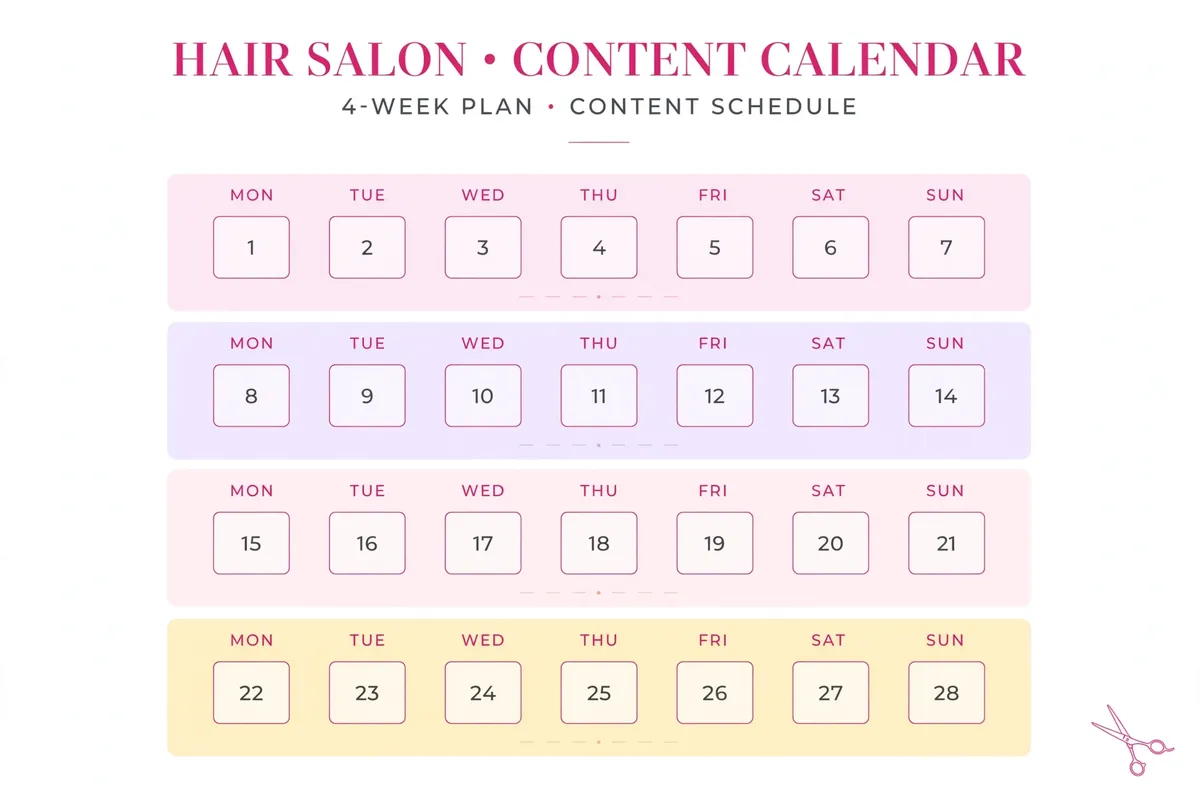 Four-week content calendar template for a hair salon marketing plan