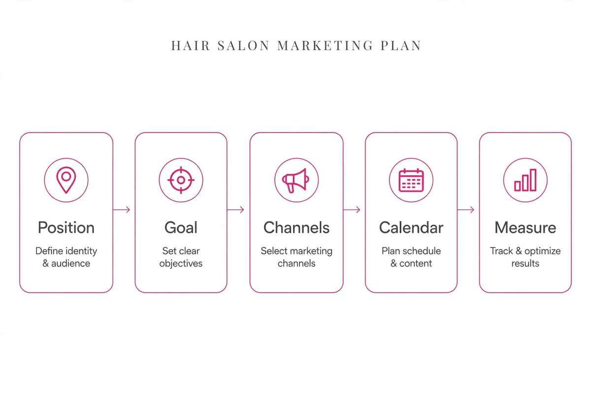 Hair salon marketing strategy framework: Position, Goal, Channels, Calendar, Measure