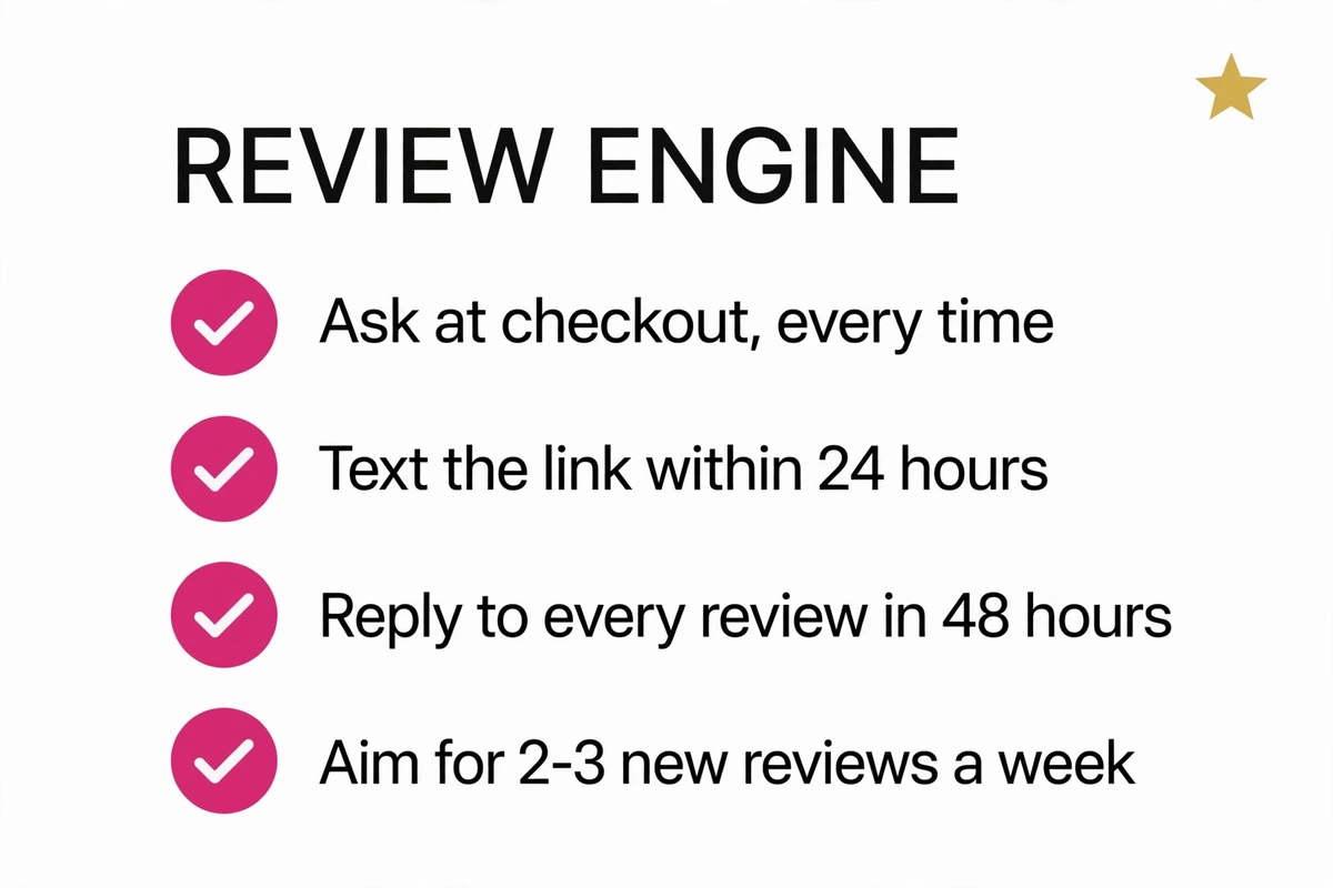 The review engine: ask at checkout, text the link, reply to reviews, aim for 2-3 a week
