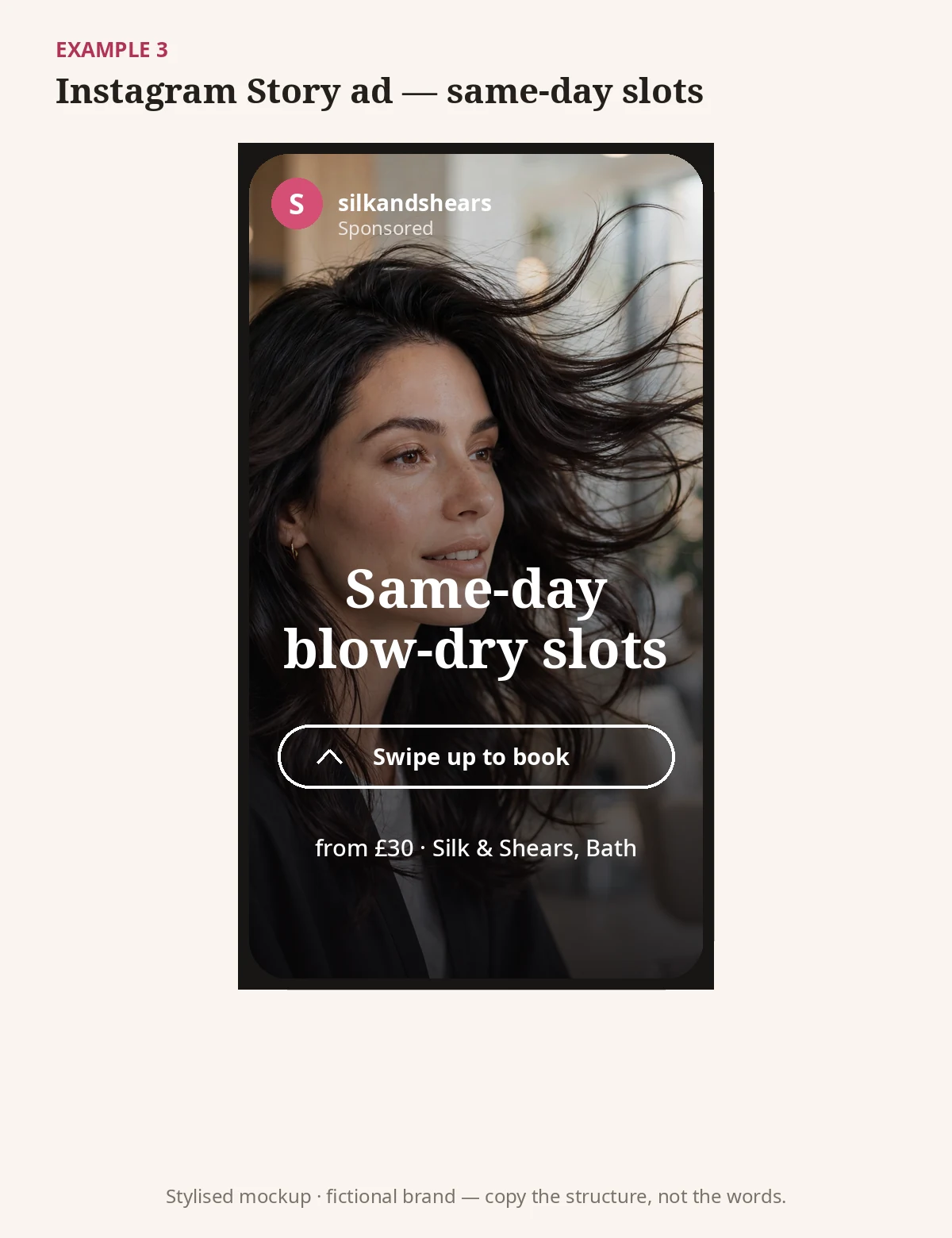 Stylised Instagram Story ad mockup, a hair salon advertising example for same-day blow-dry slots