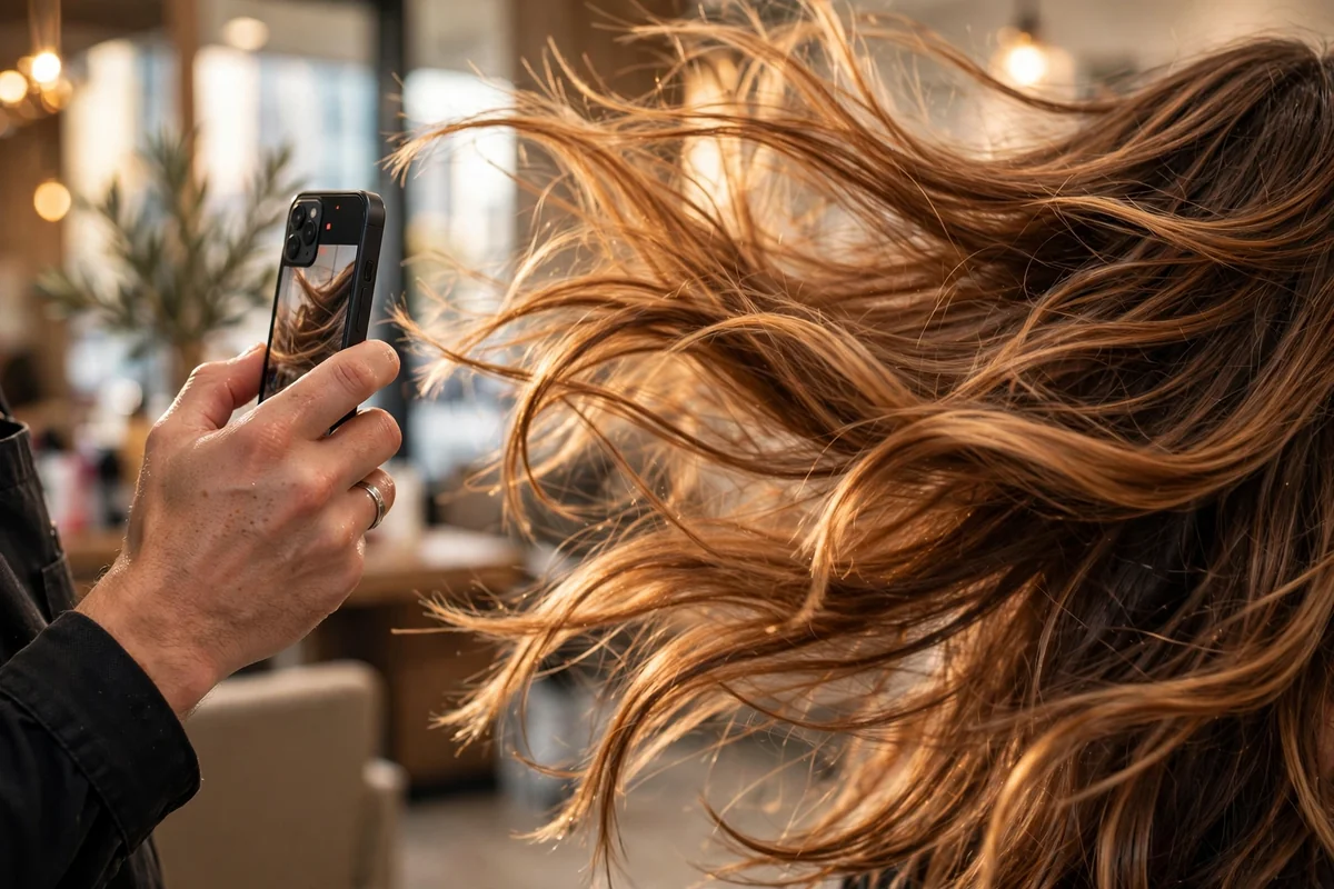 Stylist filming a client's hair transformation on a phone
