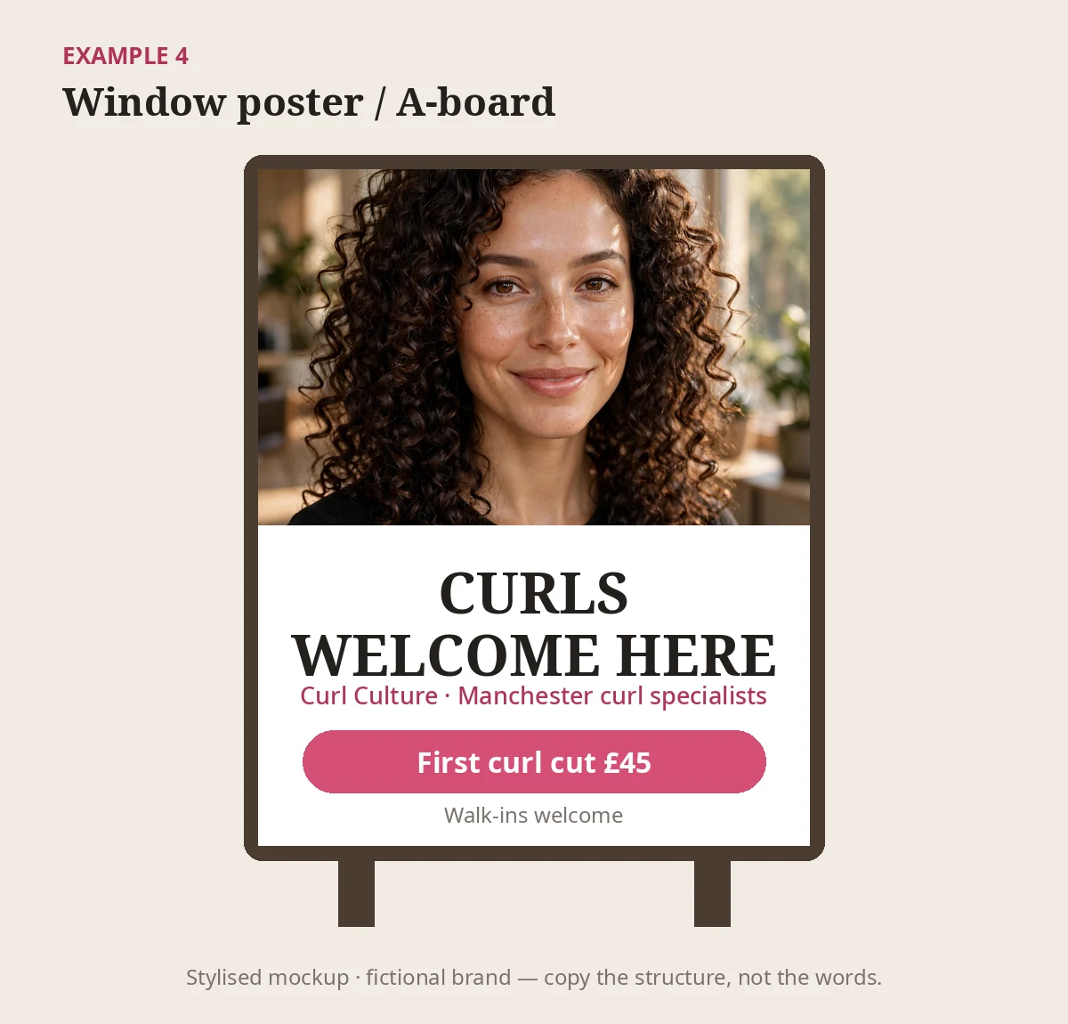 Stylised window poster mockup, a hair salon advertising example for a fictional Manchester curl salon