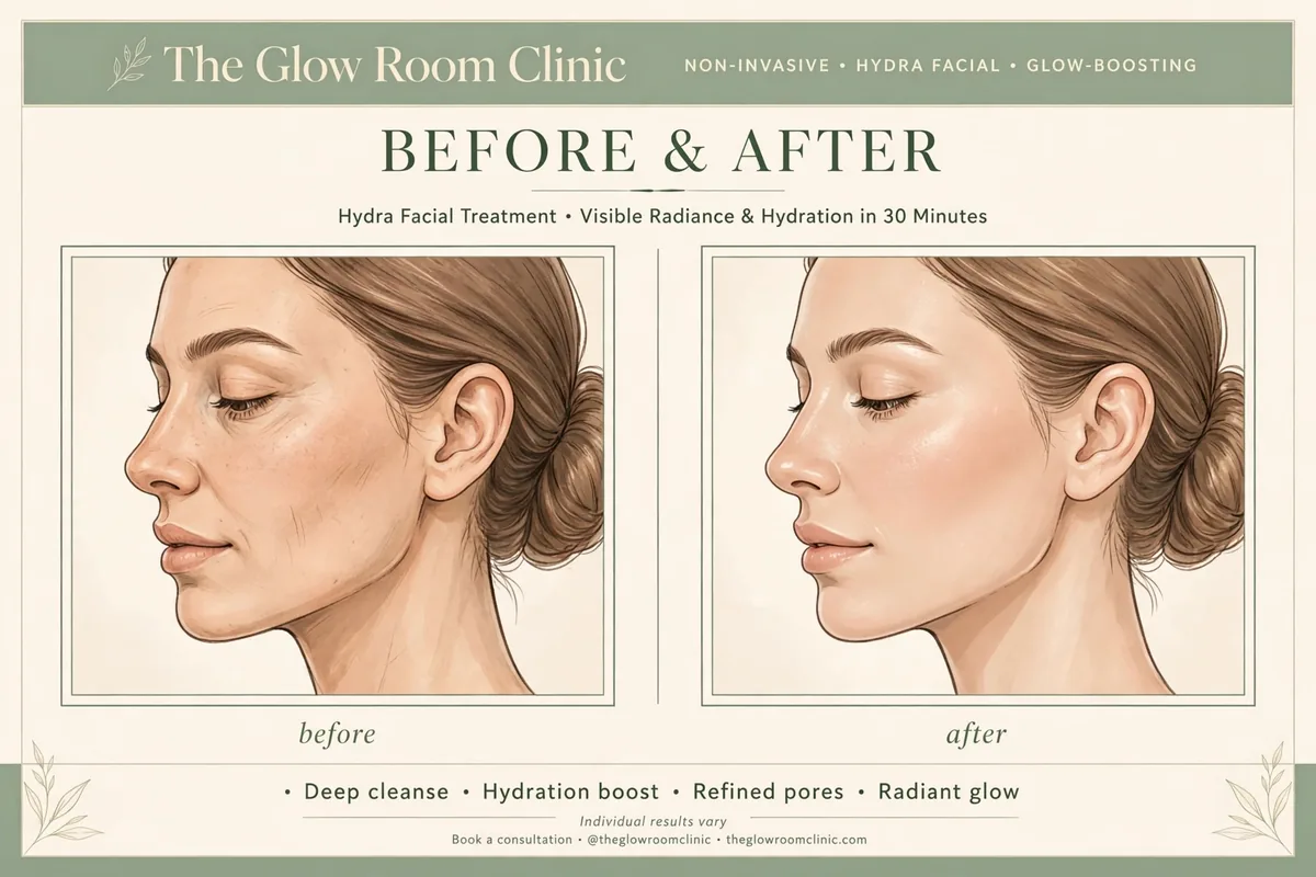 Illustrated mockup of an honest before-and-after ad for a non-invasive facial treatment with an individual results vary note